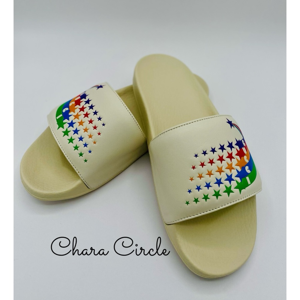 New Gucci Rainbow Pursuit Slides Sandal Shooting Star Design Mystic White